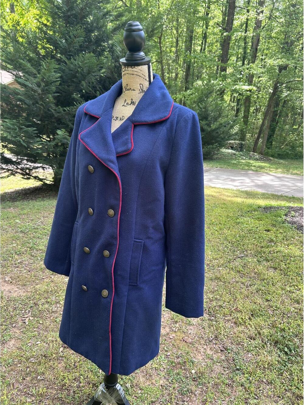 NorthStyle Navy Blue Military Peacoat - Red Contrast Trim -Gold Nautical Buttons - Picture 2 of 9